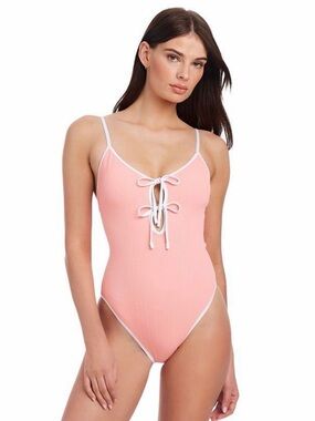 Sanctuary Coral Pink Ribbed Lace-Up One-Piece NWT